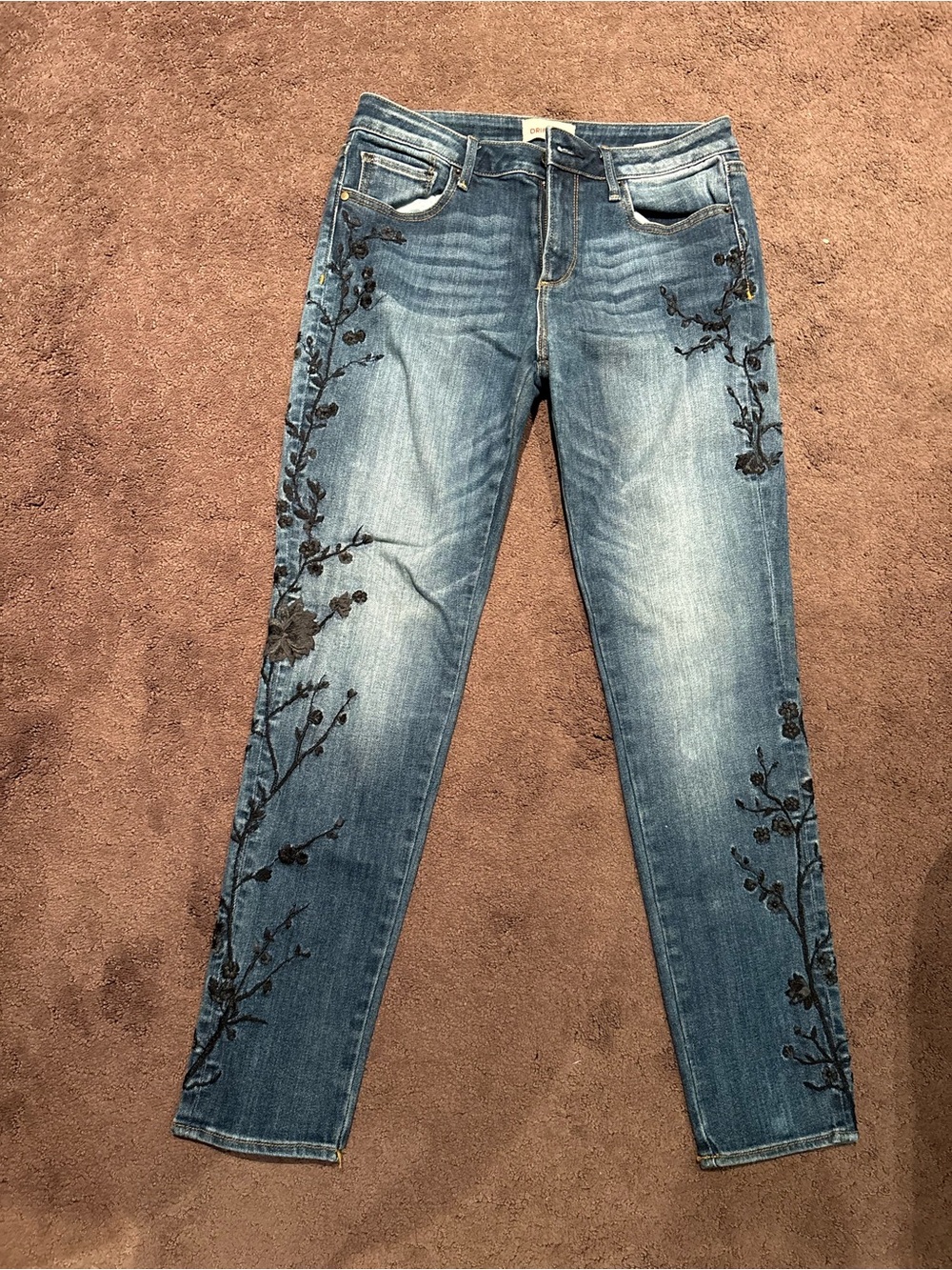 DRIFTWOOD Blue Skinny Jeans with Black Floral Embroidery